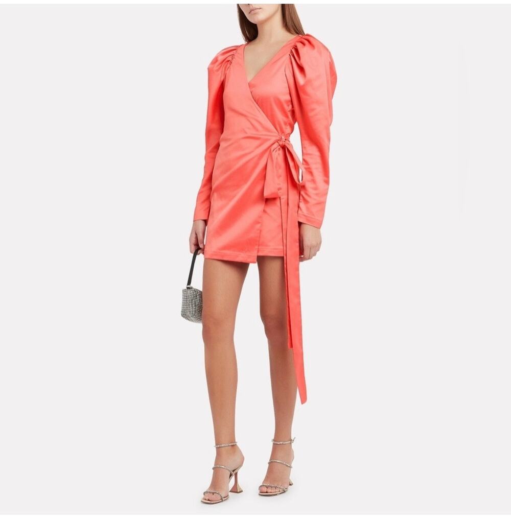 ROTATE Birger Christensen Coral Pink Satin Puff Long Sleeve Wrap Mini Dress 6